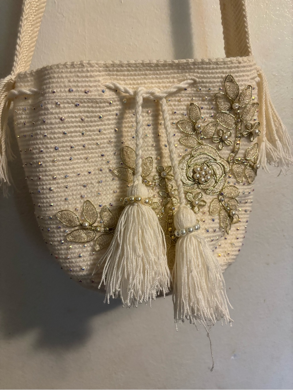 Wayuu Cream Tassel Shoulder Bag with Gold Floral Appliqué